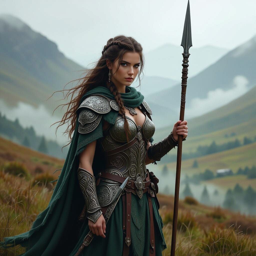 Celtic Warrior Woman in Misty Highland Valley