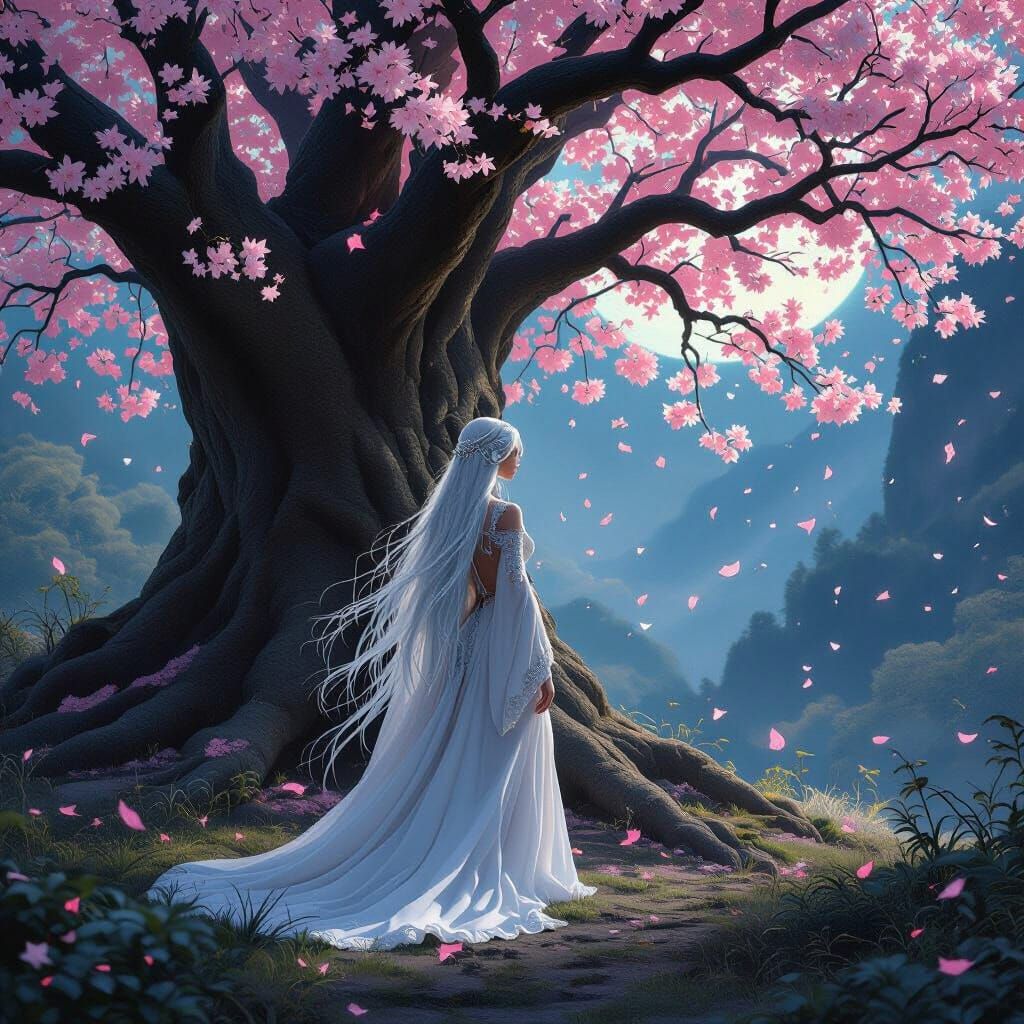 Elven Woman Under Ancient Sakura Tree