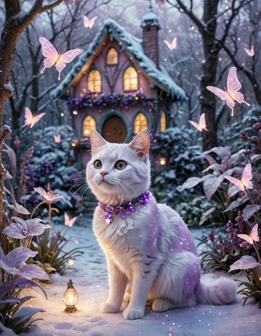 Glowing Purple Fairy Cat in Winter Garden
