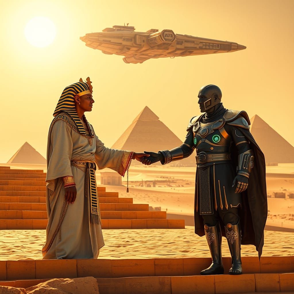 Pharaoh Greets Galactic Emperor at Desert Temple