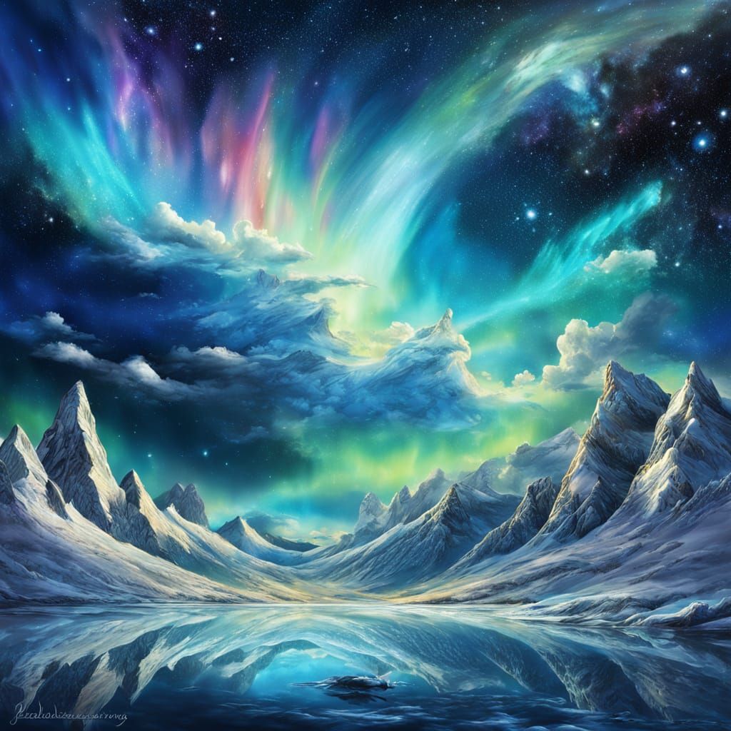 Fluffy Blue Arctic Fox with Aurora Borealis