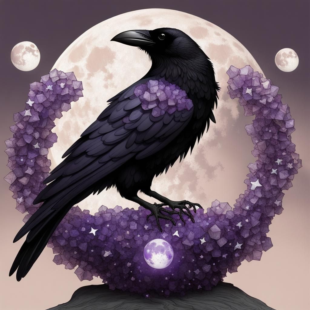 Crow on Amethyst Nest Under Moonlit Stars