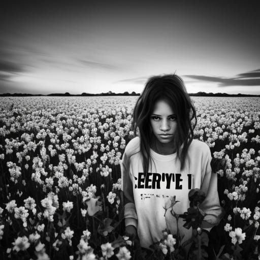 Glowing Pink Flowers in Monochrome Town at Sunset