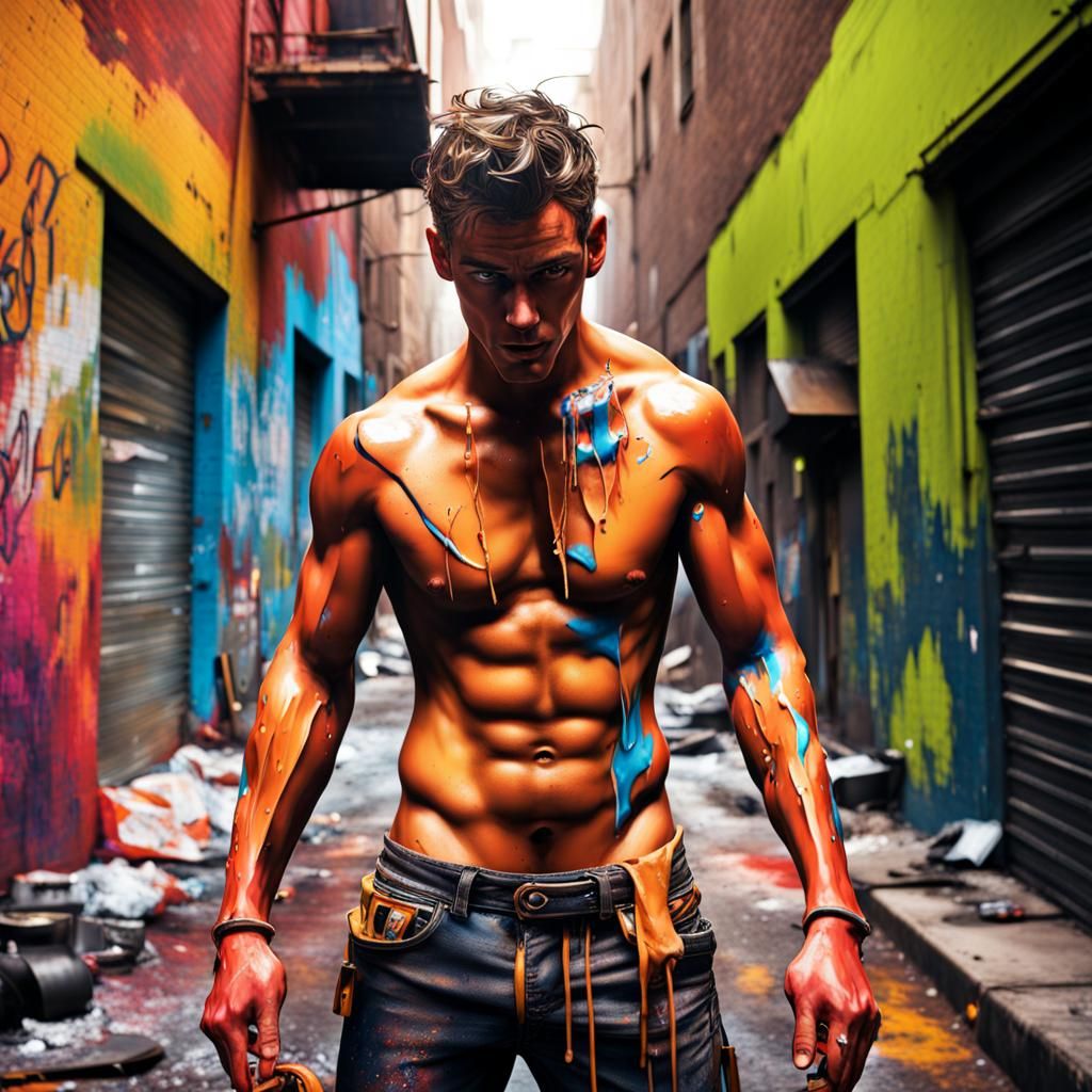 Shirtless Man in Graffiti Alley: Street Art Splash