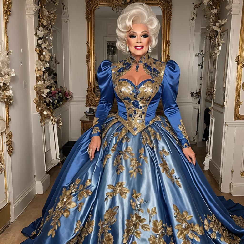 Satin Wonderland: Mature Drag Queen in Royal Blue Gown