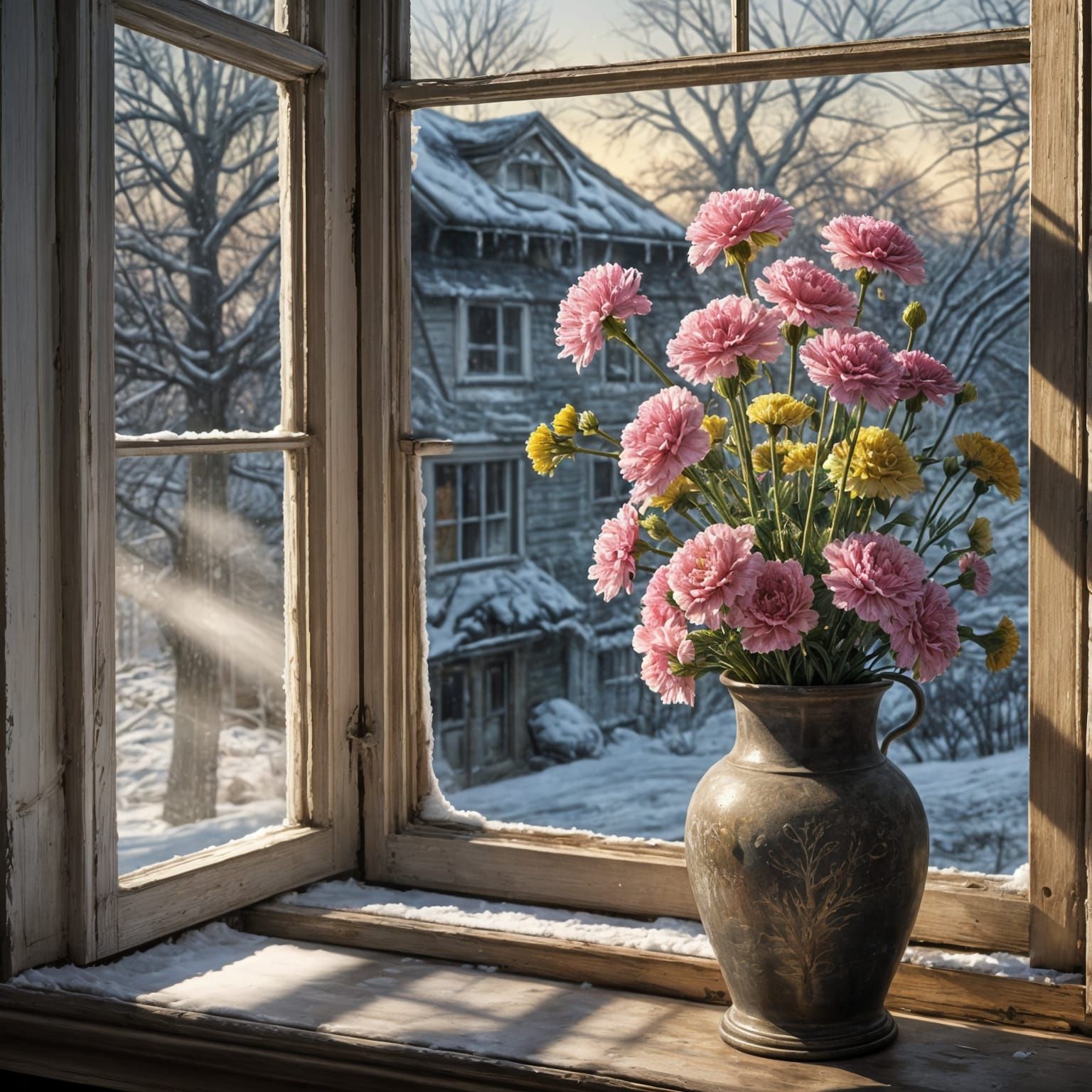 Carnations in Snowy Window: A Giger-esque Matte Painting