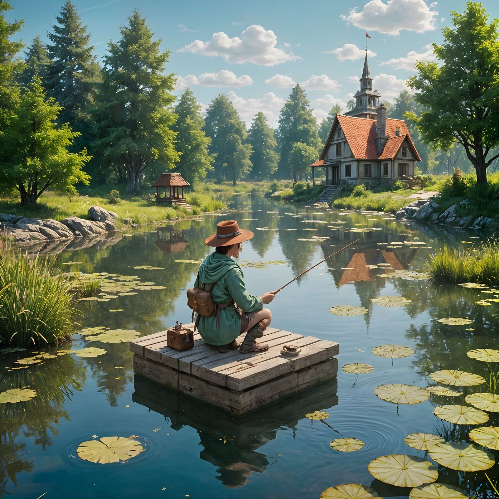 Whimsical Scene of a Fisherman in a Triadic Color World