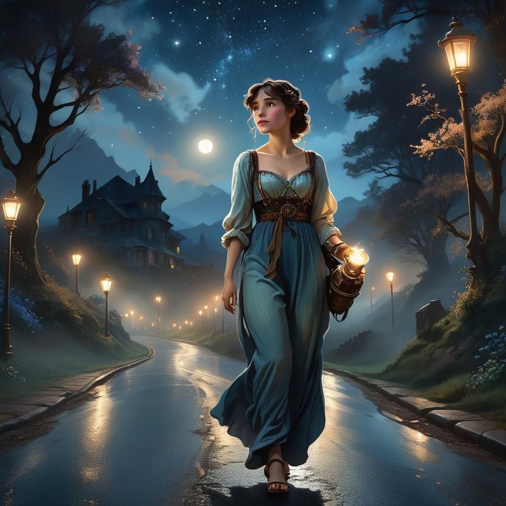 Woman Walks a Winding Road on a Moonless Night