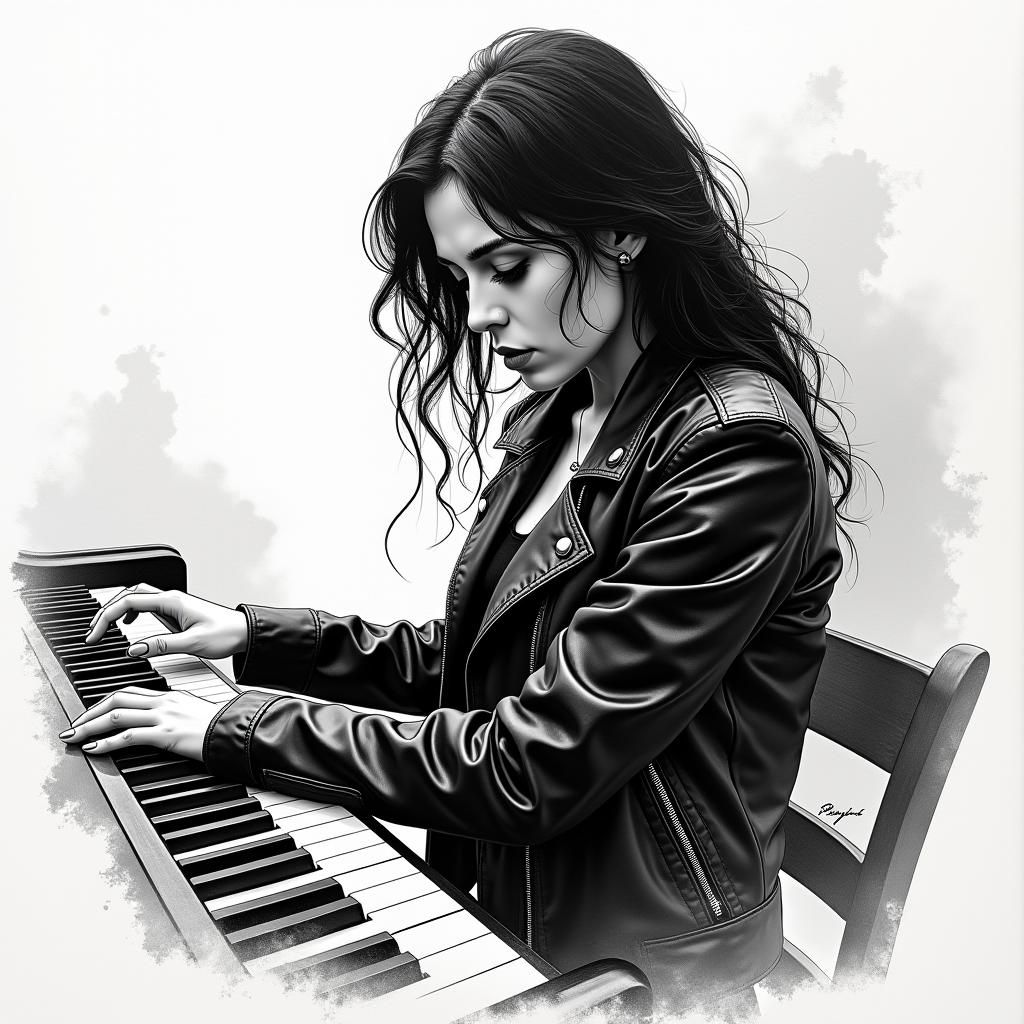 woman wearing leather piano modern alcohol ink art, black ink character concept, soft lighting, sharp focus,