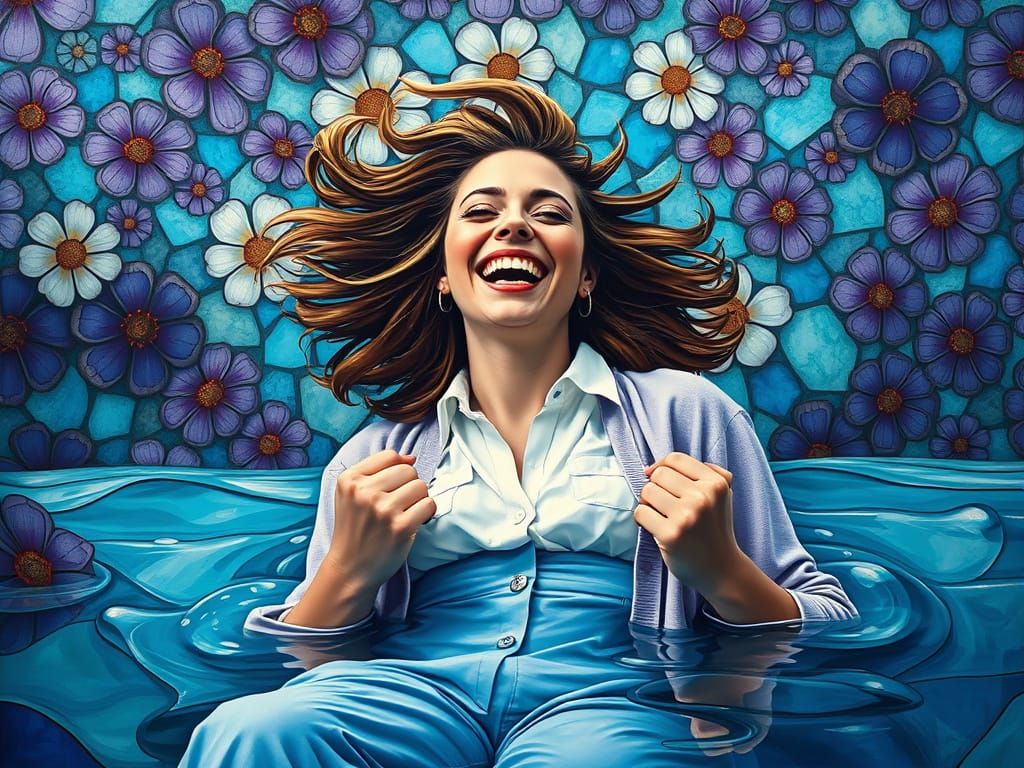 Surreal Woman Sinks in Ocean of Mystical Stained Glass