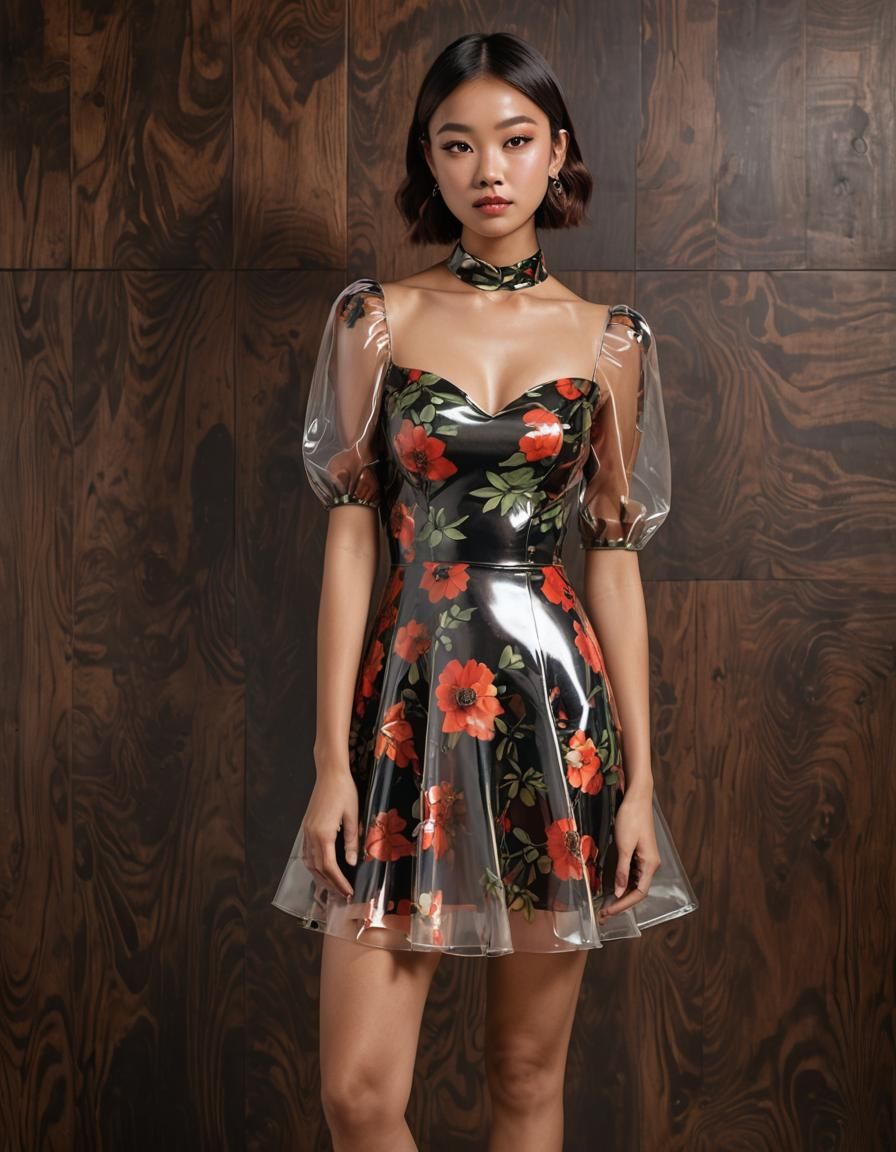 Woman in Floral Latex Dress, Photorealistic Portrait