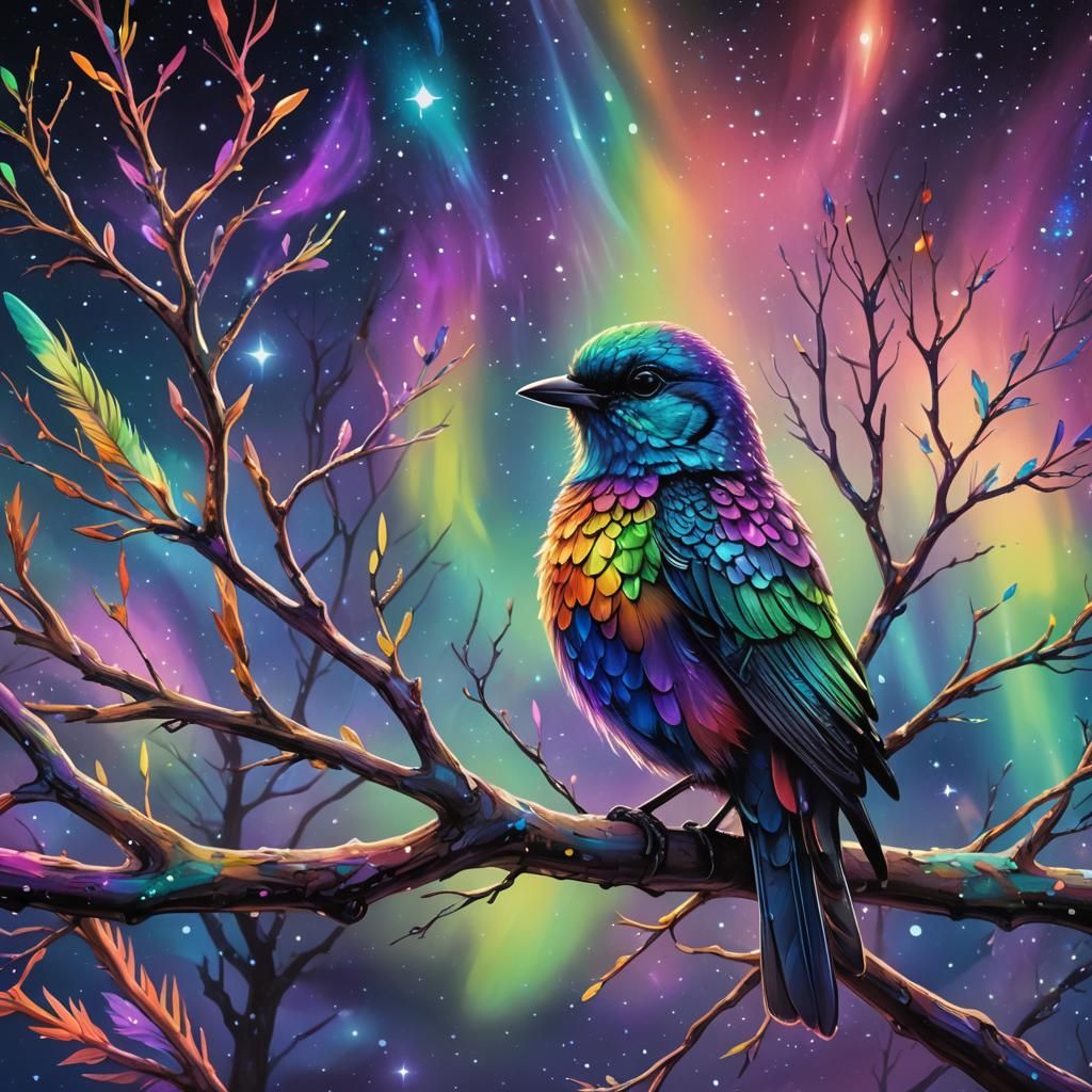 Rainbow Galaxy Bird on Celestial Branch