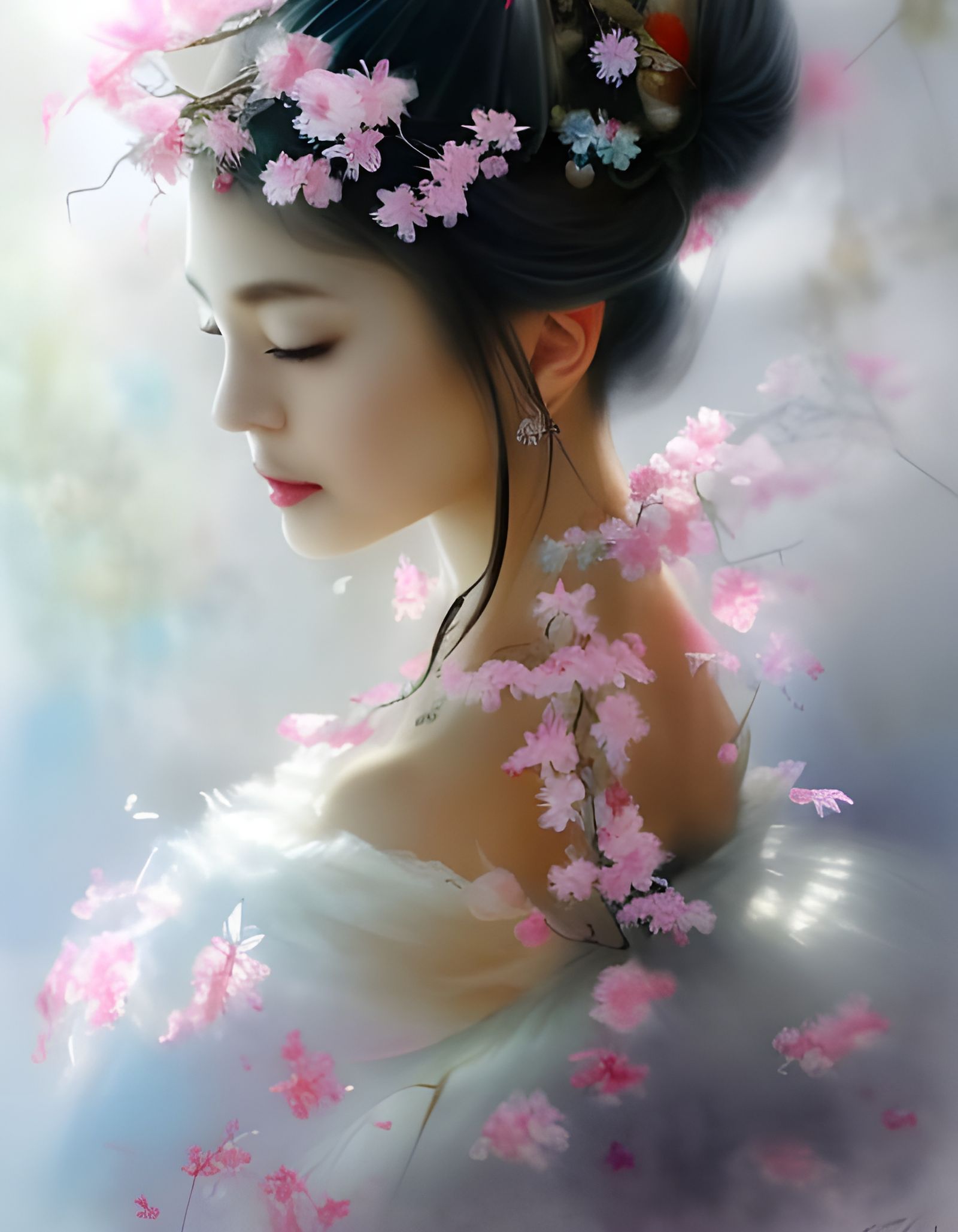 Beautiful Cherry Blossom Fairy in Lush Garden