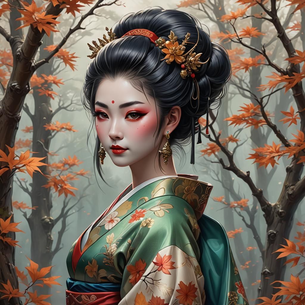 Autumnal Elf Geisha with Piercings and Tattoos