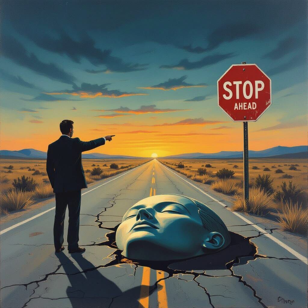 Man Points to Head on Road in Surreal Oil Painting