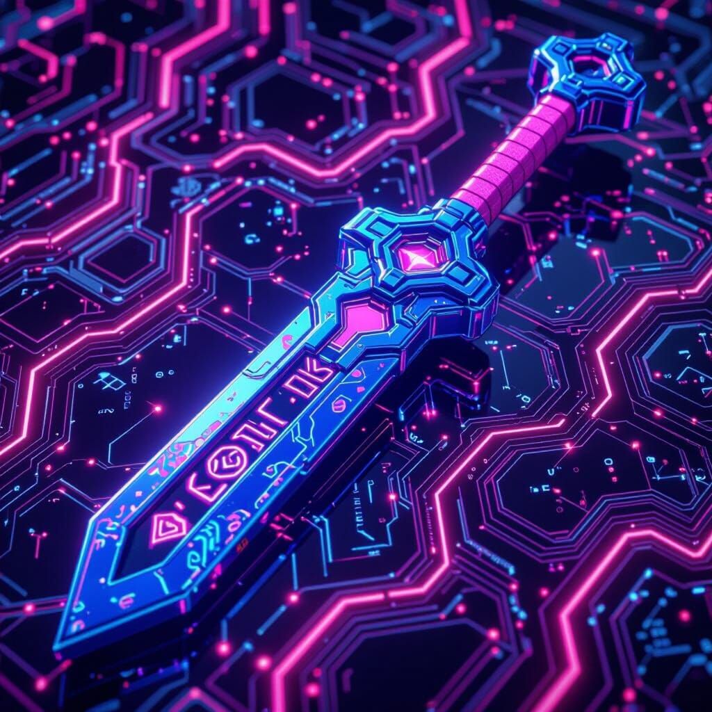 Futuristic Keyblade Design with Holographic Circuit Patterns