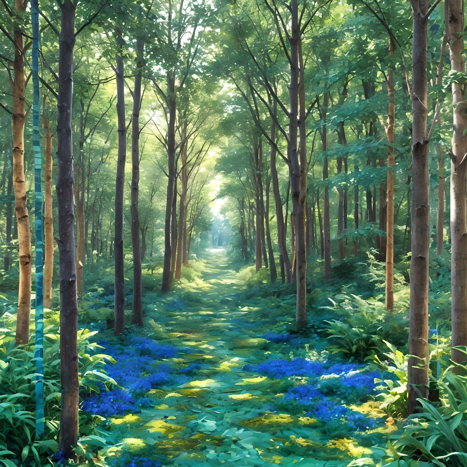 Ethereal Forest Path in Mosaic of Colors