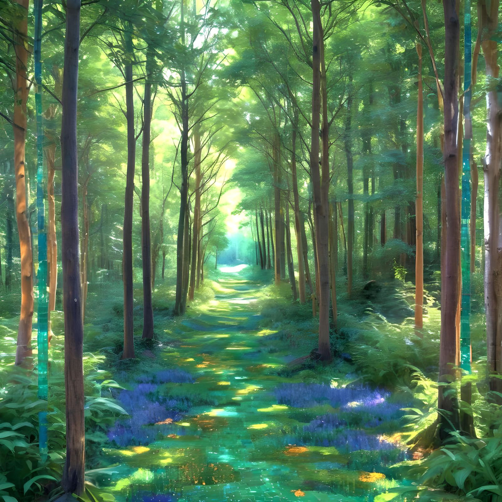 Ethereal Forest Path in Mosaic Colors