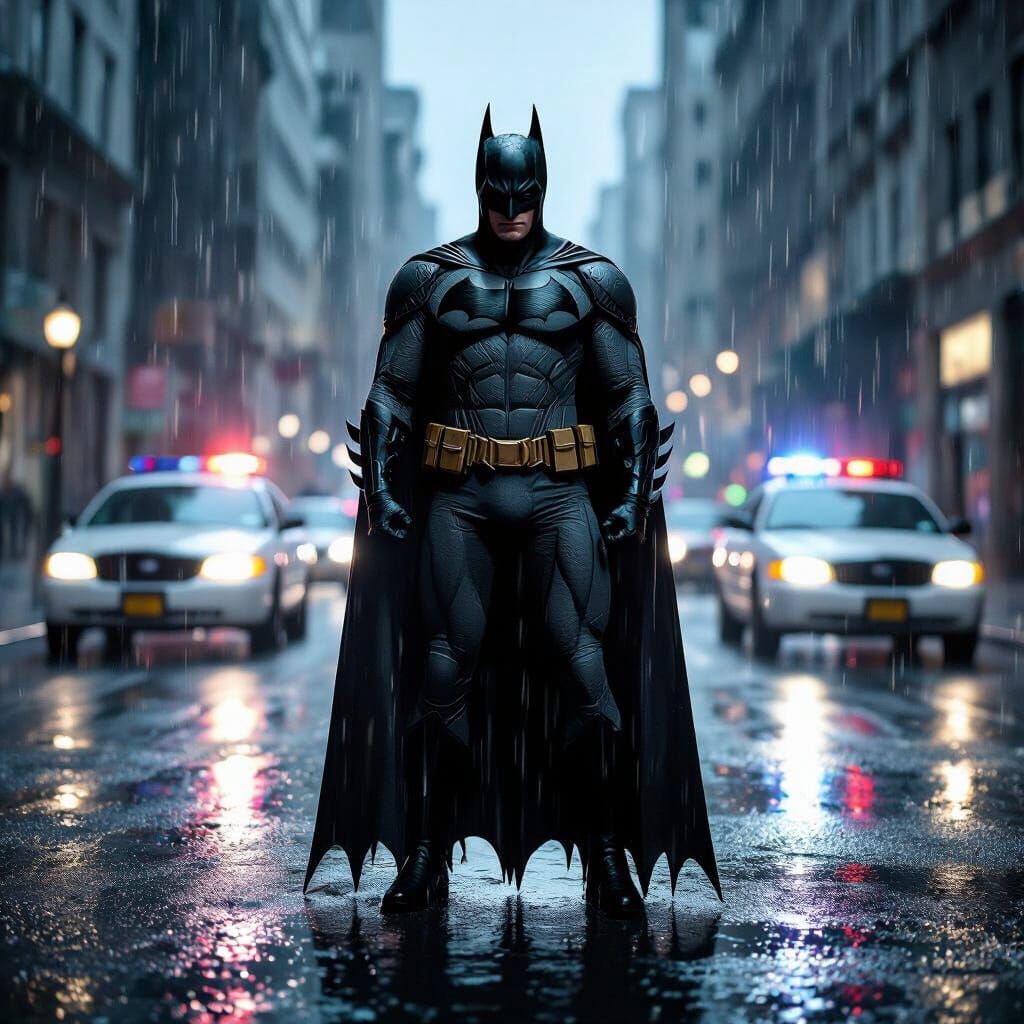 Batman in Rain Under Spotlight, Cinematic Photo