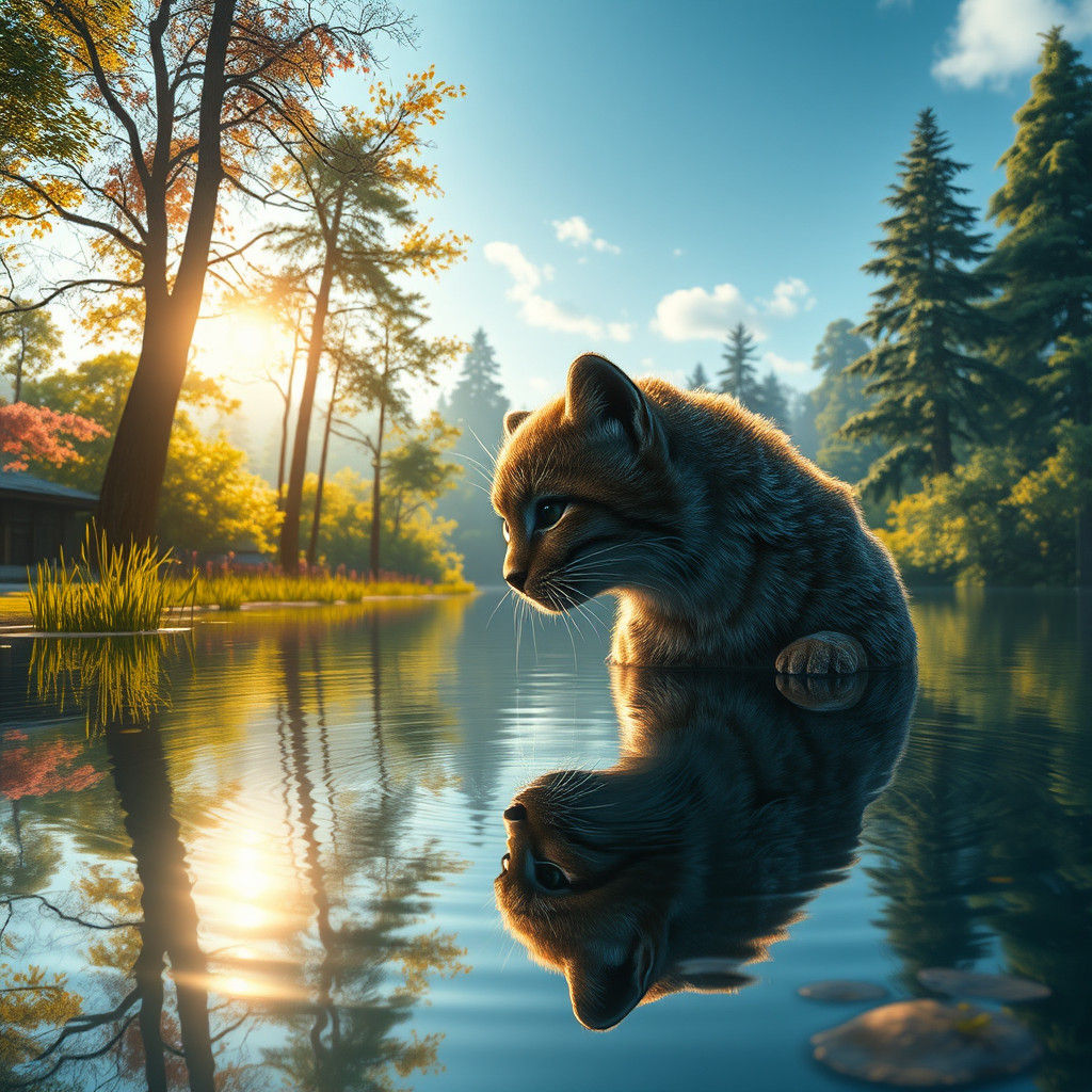 Cat Gazing at Reflection in Fantasy Landscape