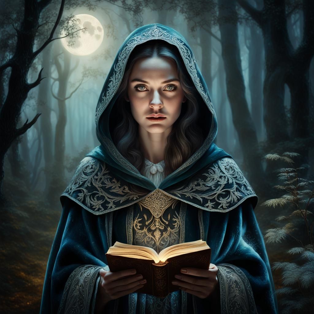 Mystical Woman with Tome in Moonlit Forest Painting
