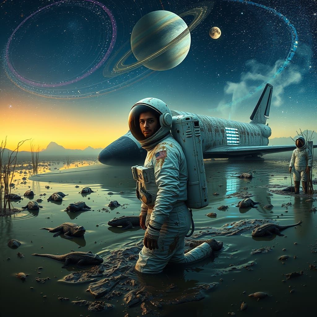 Astronauts in Muddy Swamp Under Galaxy Sky
