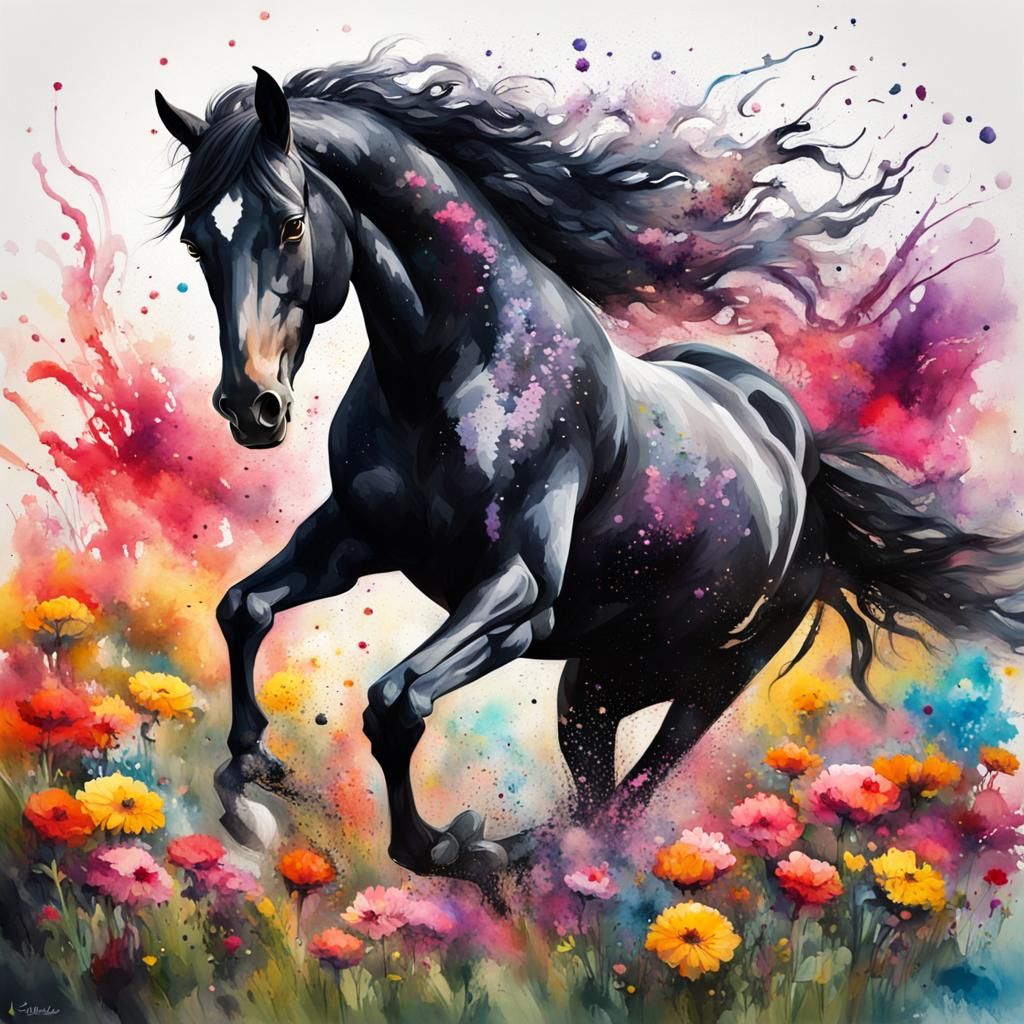 Black Horse Galloping in Flower Field Watercolor