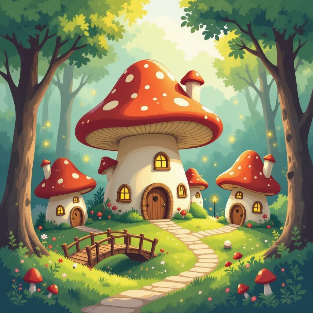 Whimsical Mushroom Village in Sun-Dappled Forest
