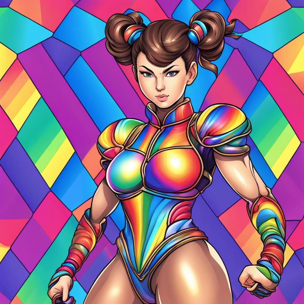 chun li wearing leather suit rainbow pride colors abstract v...