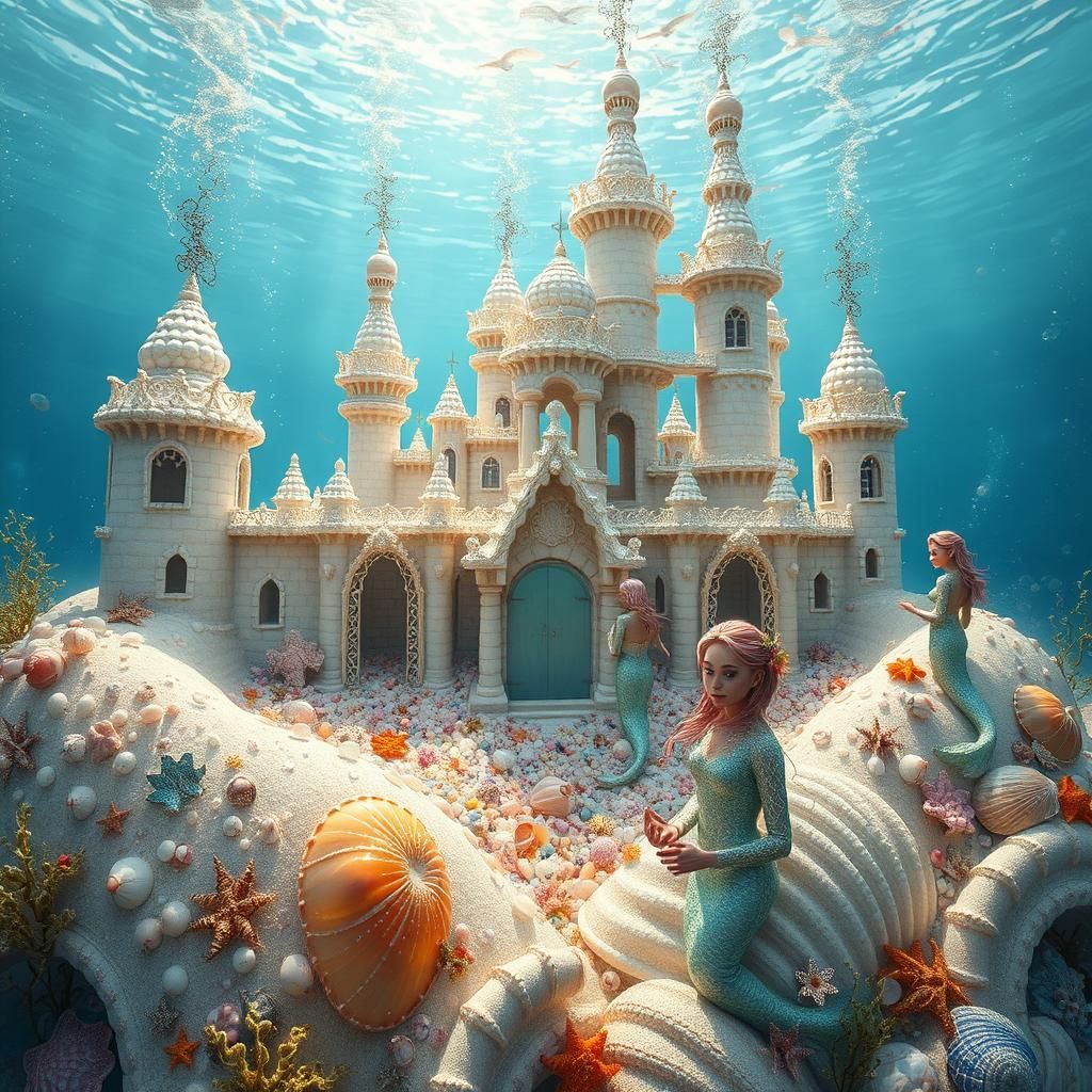 Iridescent Sand Palace with Mermaids: Dreamlike Underwater S...
