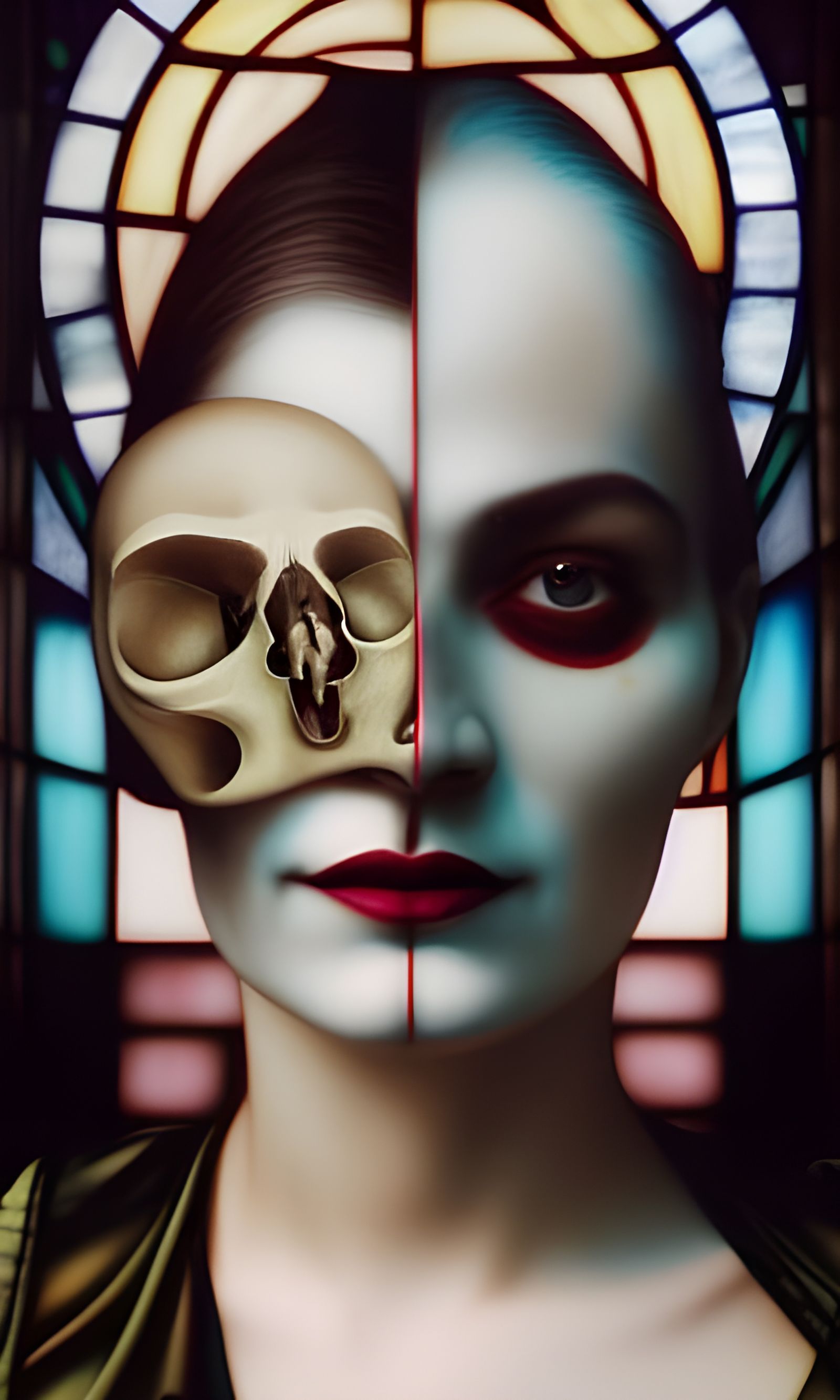 Bauhaus Stained Glass Portrait: Woman with Skull