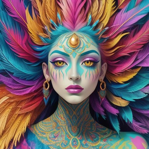 Abstract Portrait of Woman with Peacock Hair as Pop Art