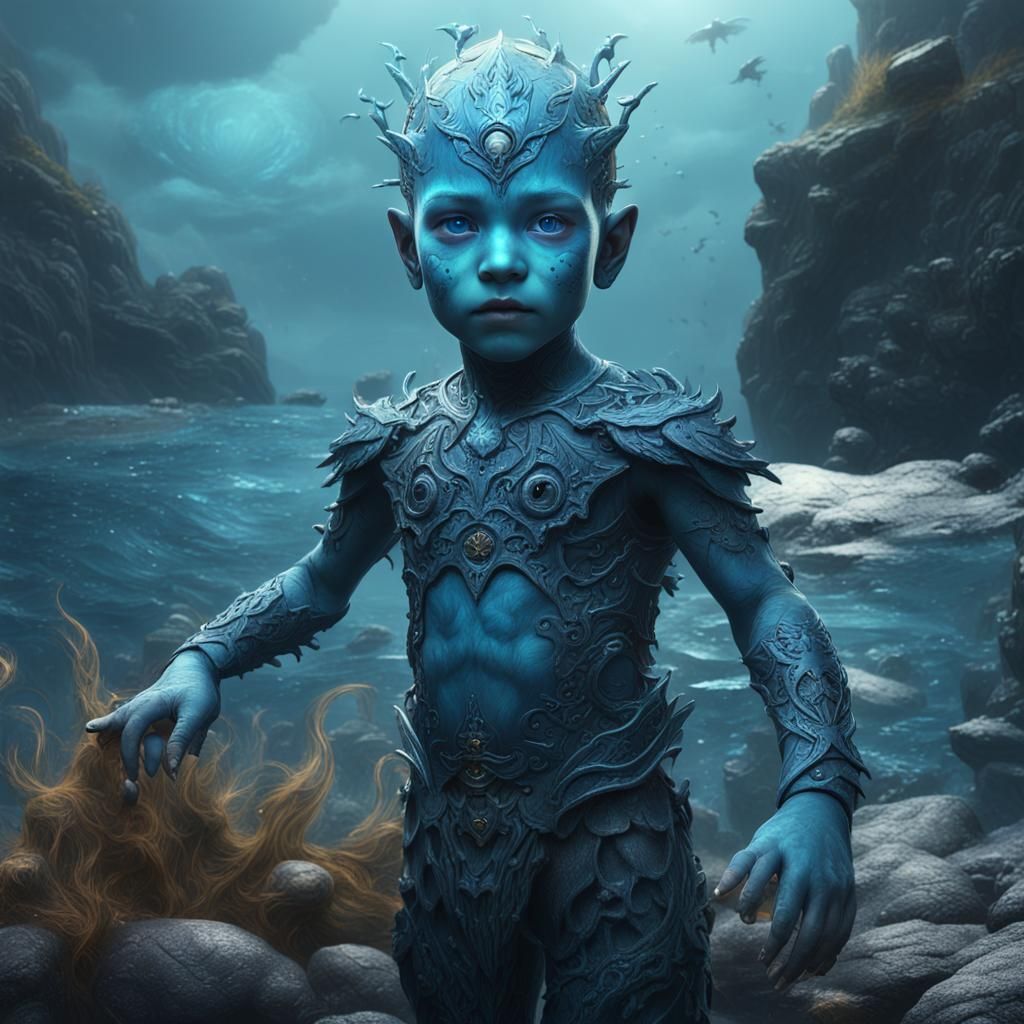 Dark Fantasy Sea Humanoid Child: Detailed Digital Art