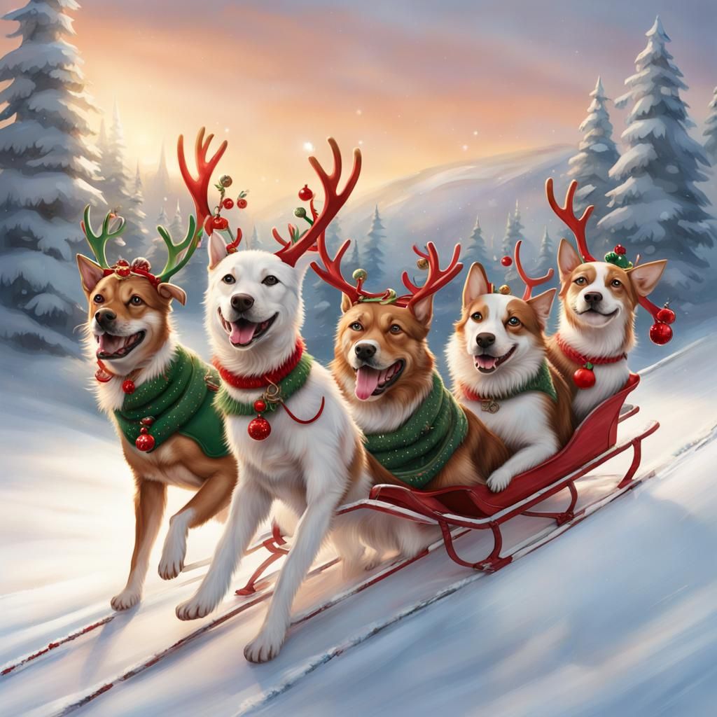 Dogs and Cat Christmas Sleigh Ride in Winter Wonderland