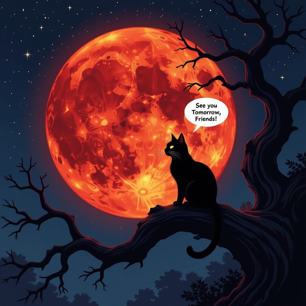 Black Cat Under Blood Moon in Dark Fantasy Style