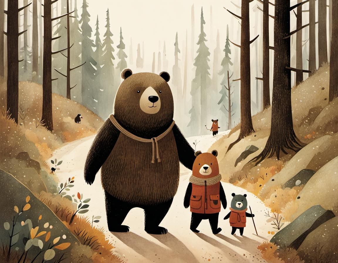 Teddy Bear Family Hike in Storybook Illustration Style
