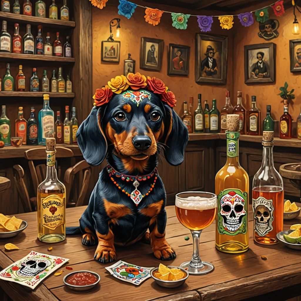 Day of the Dead Dachshund in a Tavern