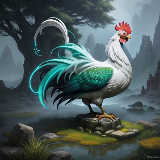 Proud White Rooster on Ancient Pedestal