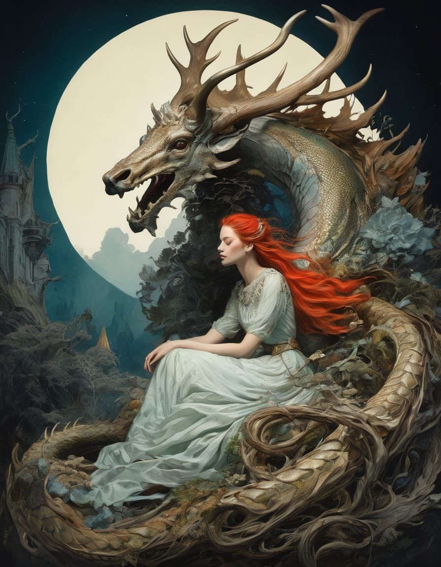 Surreal Punk Collage of a Young Woman with Dragon Antlers