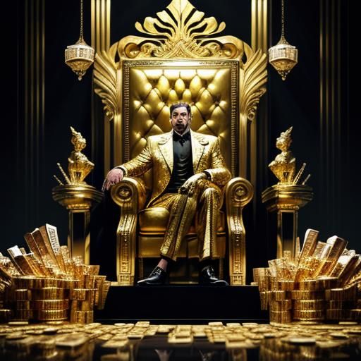 Billionaire on Gold Throne: Lavish Lifestyle Illustration