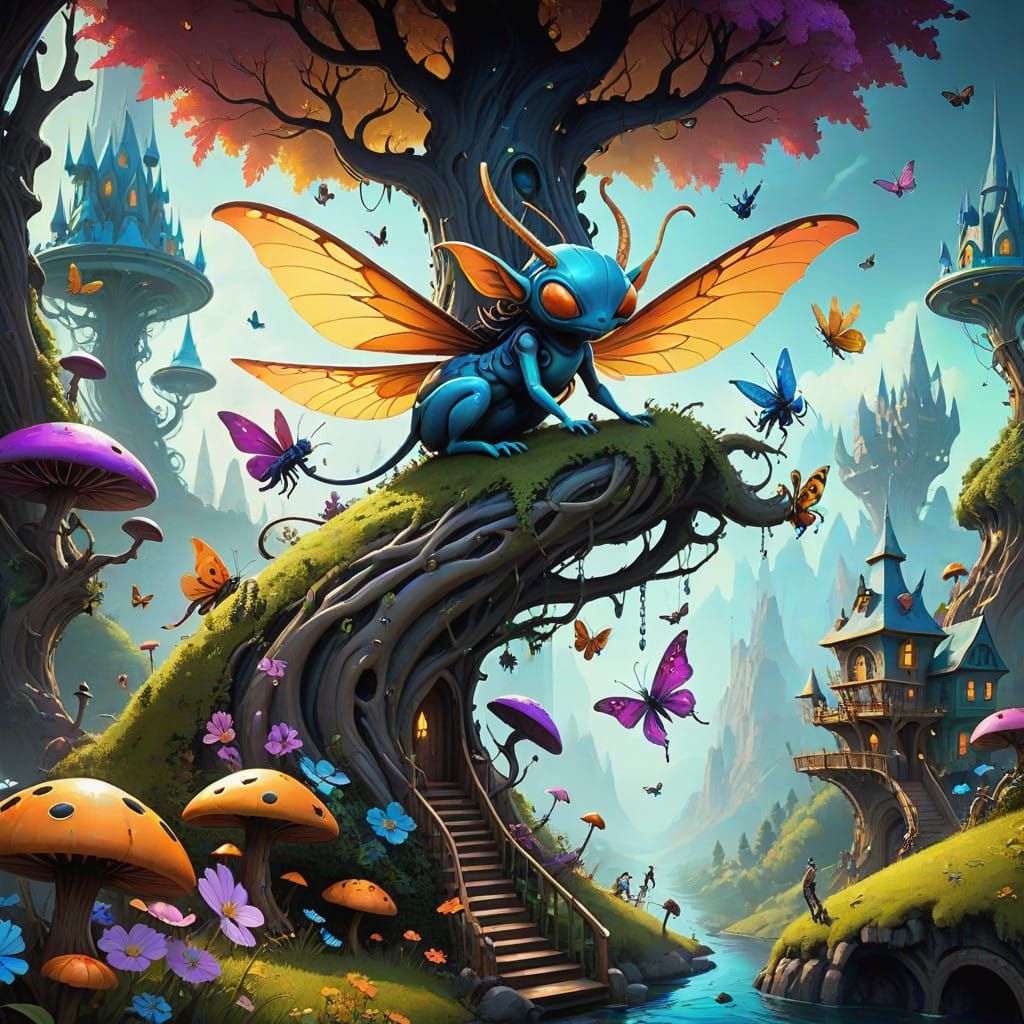 Mystical Fae Creatures Cheer on Flying Bug Racers in Vibrant...
