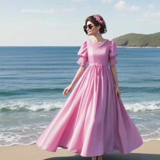 Woman in Pink Silk Dress by the Sea