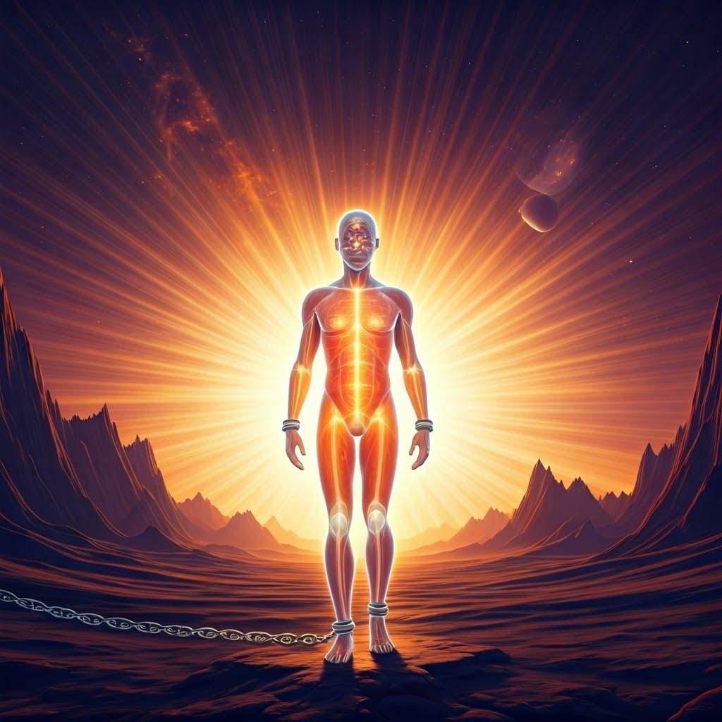 Ethereal Figure in Cosmic Landscape Radiates Light