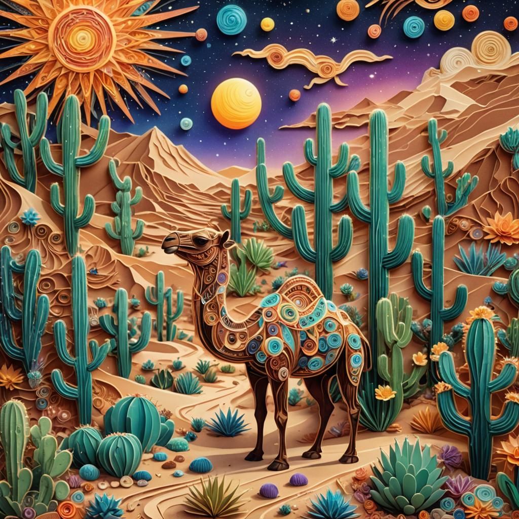 Luminescent Desert Scene in Mixed Media Style