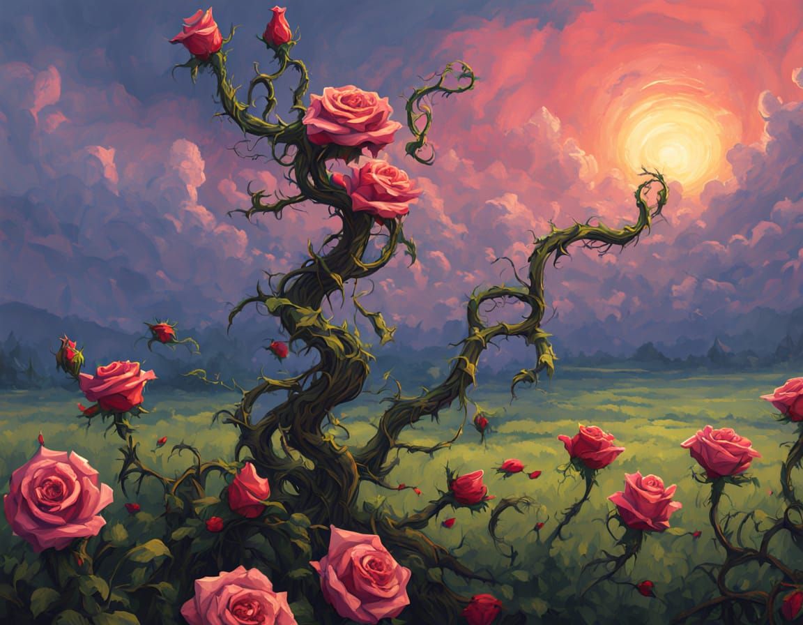 Pixelart Thorn Vine with Roses on Plains Landscape