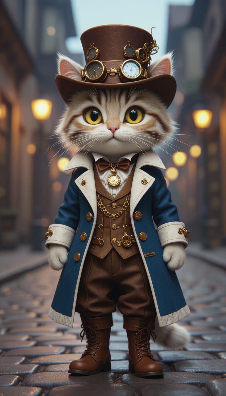 Steampunk Cat Explorer in a Cobblestone Street