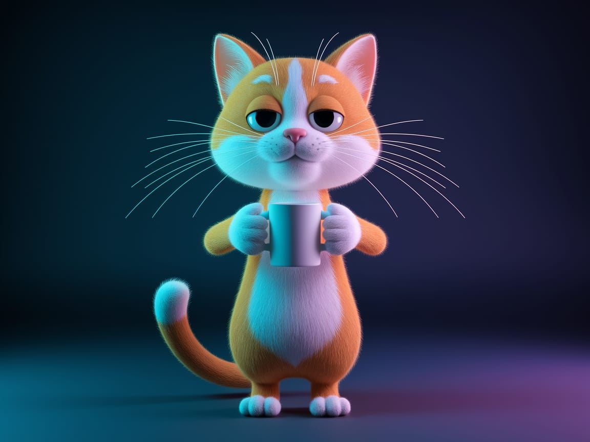 Cartoon Cat Enjoying Coffee in Neon Cyberpunk Style