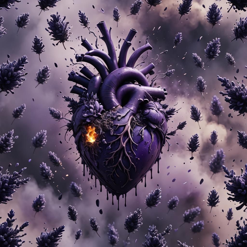 Exploding Heart with Lavender Mist in Dark Fantasy Art