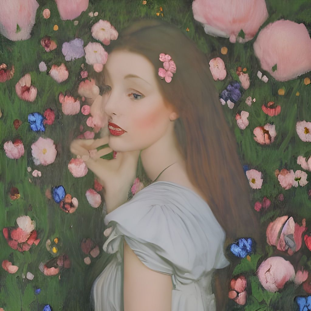 Contemplative Woman in Flower Field, Waterhouse Style