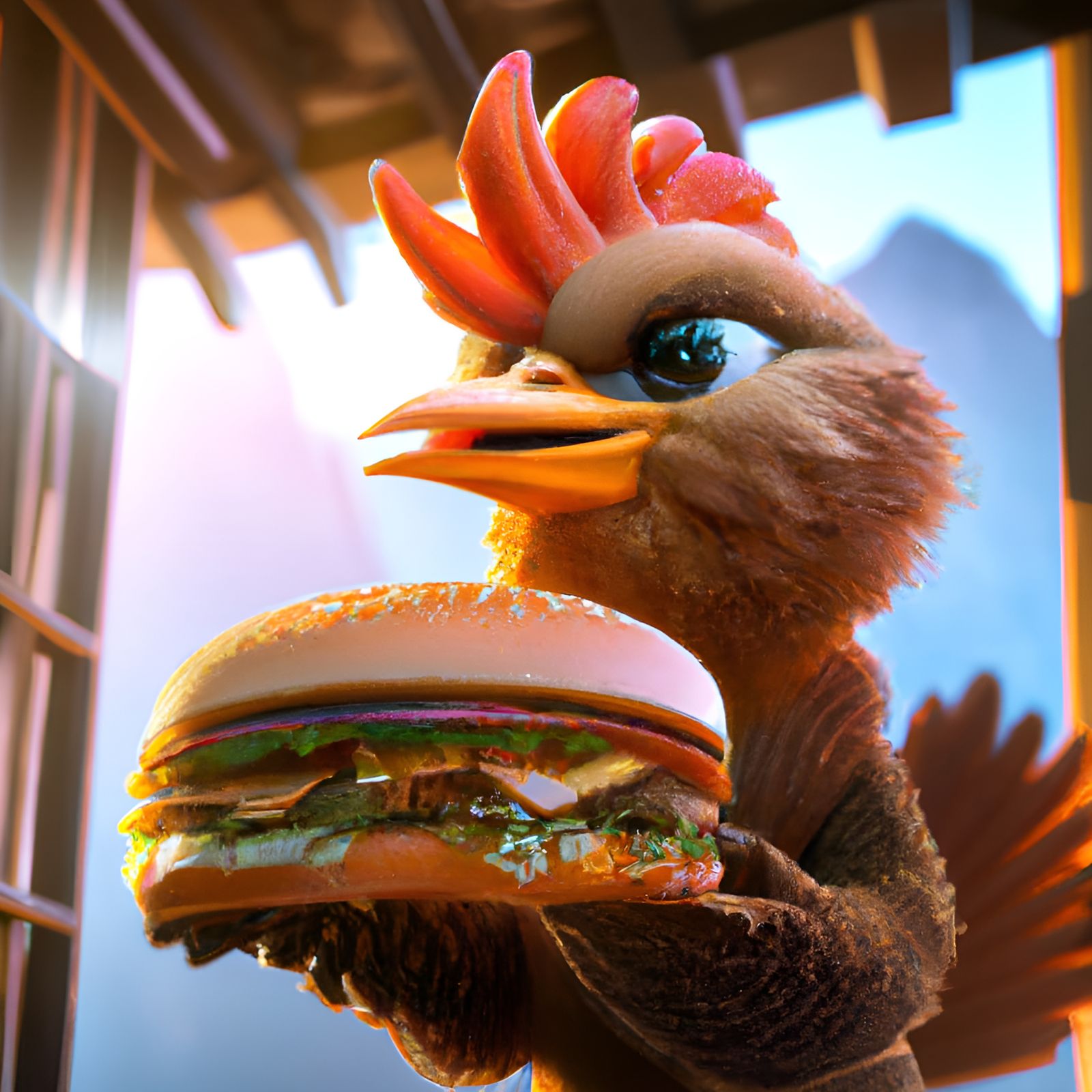 Phoenix Eats Hamburger: 3D Rendering, Detailed Art